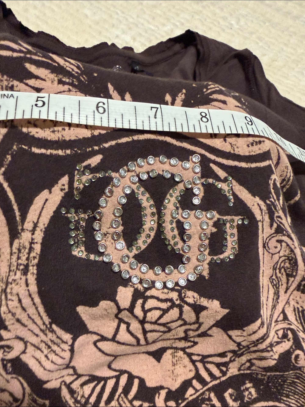 Vintage Guess Jeans Y2K Rhinestone Logo Brown Long Sleeve Top Graphic Tee XS - Picture 8 of 9